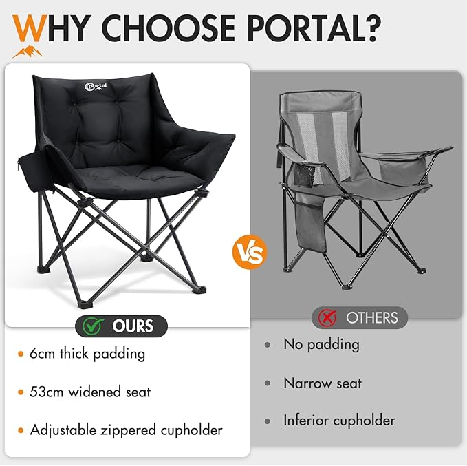 Portal Oversized Padded Camping Chair - Heavy Duty Folding Chair with Cup Holder & Side Pocket, Supports 330 lbs, for Camping, Lawn, Sports, Black