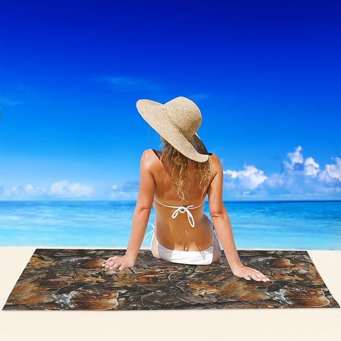 Camo Beach Towel Hunting Deer Bear, Aldult Quick Dry Camping Bath Towel, Absorbent Thin Lightweight Beach Blanket for Sports Travel Pool Swimming Bathroom 30 x 60 in