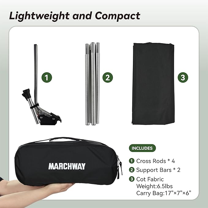 MARCHWAY Lightweight Folding Tent Camping Cot Bed with Lever Lock, Easy Setup Portable Compact for Outdoor Travel, Hunting, Hiking, Motorcycling, Support 330Lbs (Black)