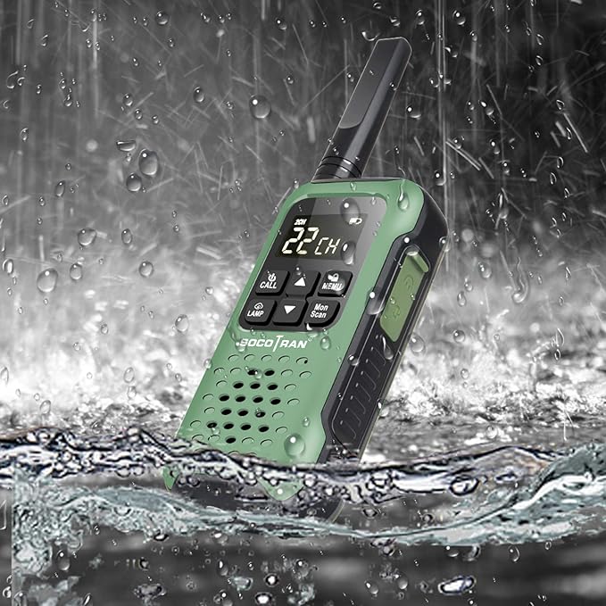 Rechargeable Walkie Talkies Two Way Radio IP67 Waterproof Long Range 5 Miles Two Way Radios Floating Flashlight & SOS Emergency Lamp, NOAA Weather Alert Walkie-Talkie Green