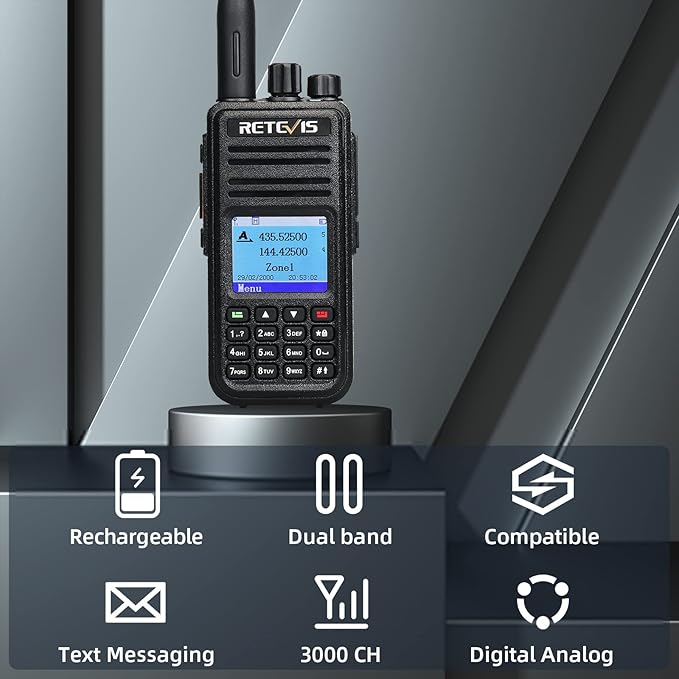 Retevis RT3S DMR Radio, Dual Band Radio, Digital 2 Way Radio, Dual Time Slot 2000mAh Dual Band Scanning SMS Emergency Alarm, Long Range Handheld Walkie Talkie for Camping Traveling(1 Pack)
