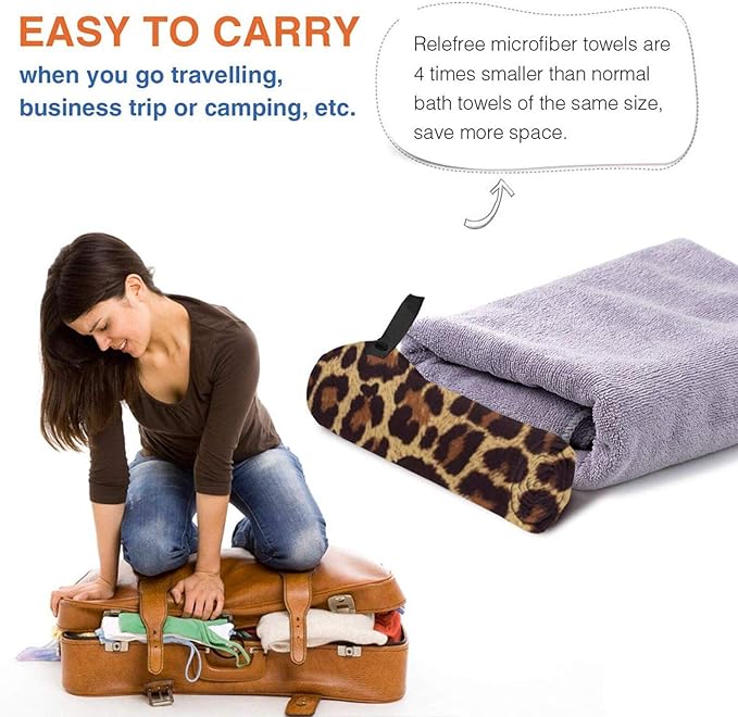 Microfiber Travel Towel Quick Dry Swim Gym Towel 31.5 X 15.8 Inch Absorbent with Loop Hand Towels for Kids Adults Camping Hiking Sports (Leopard Print)
