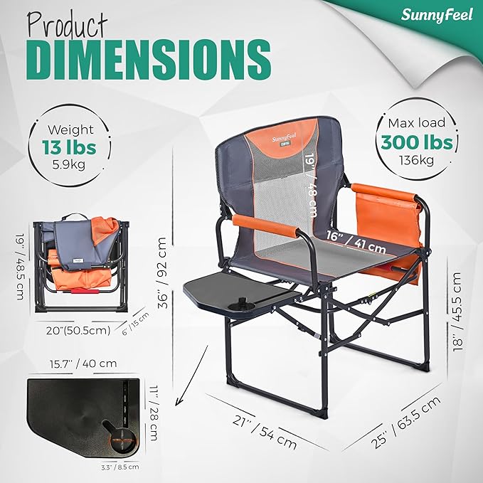 SUNNYFEEL Oversized Camping Directors Chair, Portable Folding Lawn Chairs for Adults Heavy Duty with Side Table,Pocket for Beach, Fishing,Picnic,Concert,Tailgating,Outdoor Foldable Camp Chair