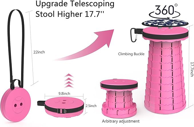 ALEVMOOM Portable Telescoping Collapsible Stool with Cushion & Bag, Retractable Folding Stool for Adults, Lightweight But Sturdy Capacity 440 lbs for Camping Fishing Hiking BBQ