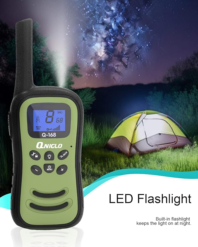 Qniglo Walkie Talkies for Adults/Kids, Rechargeable Walkie Talkies Long Range with 22 FRS Channels, VOX 2 Way Radios with LED Flashlight for Hiking Camping Trip Adventure(3 Pack)