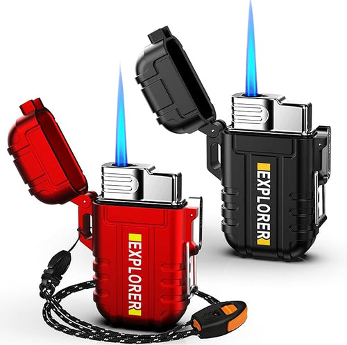 Torch Lighter, 2 Pack Butane Lighter, Windproof Outdoor Gas Lighter Adjustable Jet Flame Lighters, Fireplace Fireworks Grill Camping BBQ Lighter, Gifts for Men. (Black+Red)(Without Butane)