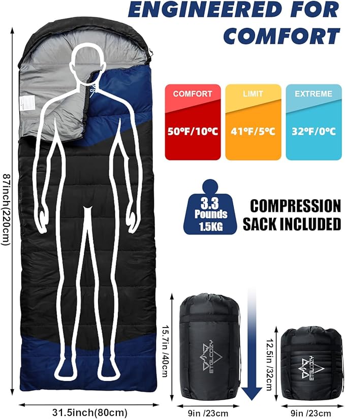 Sleeping Bag for Adults Cold Weather & Warm, Lightweight Backpacking Camping Hiking Essentials Gear for Kids 10-12 Girls Boys Compact w/Compression Sack Indoor Outdoor Sleep Must Haves