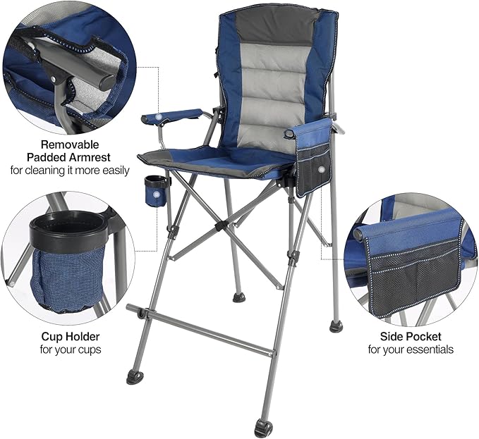 Extra Tall Folding Chairs for Adults 330lbs, Portable Bar Height Foldable Director Chairs for Camping Outside, Comfortable with High Back and Footrest, Blue