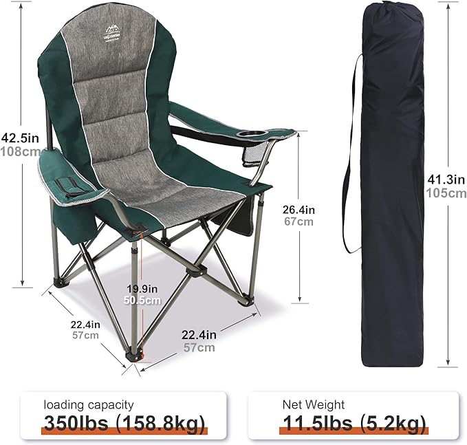 Camping Chairs for Adults,High Back Folding Camp Chair with Cup Holder and Cooler Bag,Heavy Duty Outdoor Lawn Chairs,Perfect for Camping,Hiking,Picnics,and Beach Trips,Dark Green…