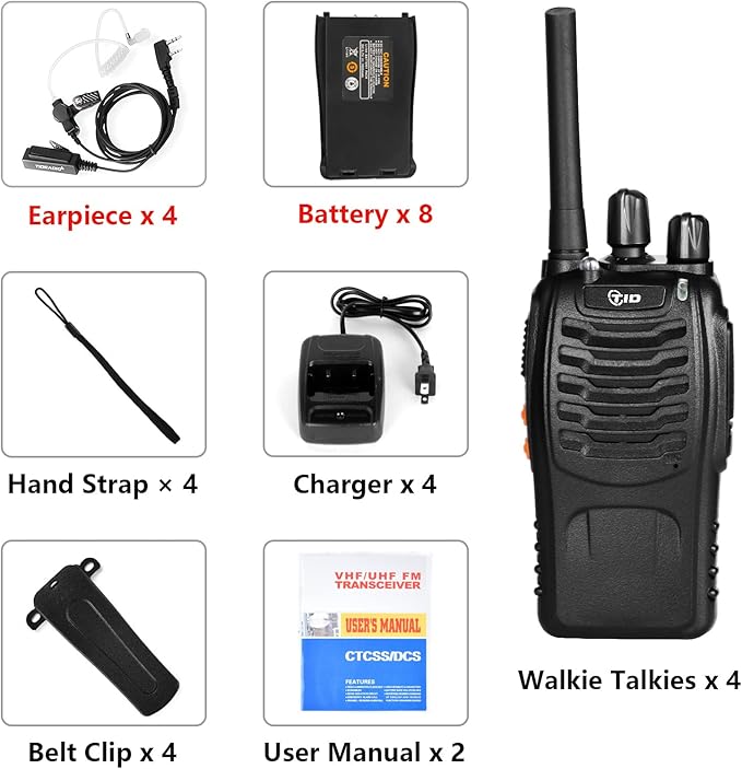 TIDRADIO TD-V2 Walkie Talkies for Adults with Earpiece and 8 Battery 2 Way Radios Walkie Talkies Long Range with Flashilght Two Way Radio Rechargeable for Business or Family (4 Pack)