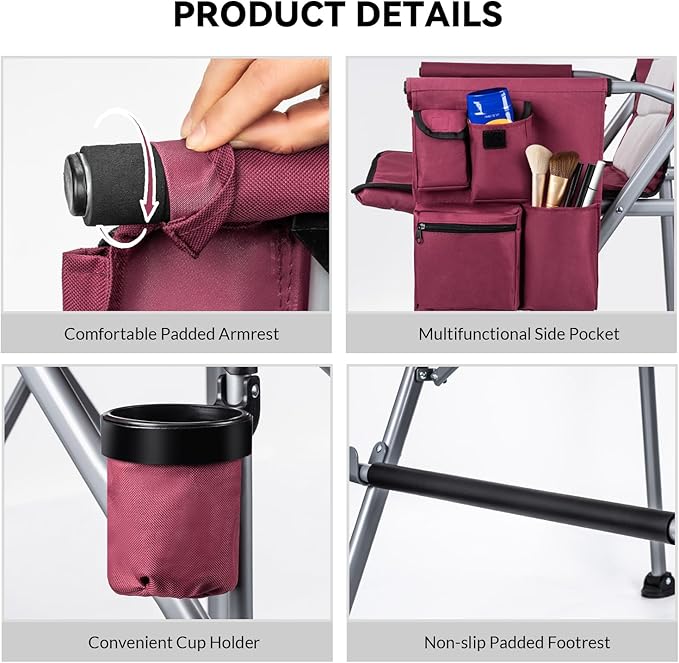 Foldable Directors Makeup Salon High Chair - Portable Camping Bar Height Folding Photoshoot Chairs with Stroage Bag Cup Holder Non-Slip Footrest, Supports 400 lbs Red Tall Director Chair