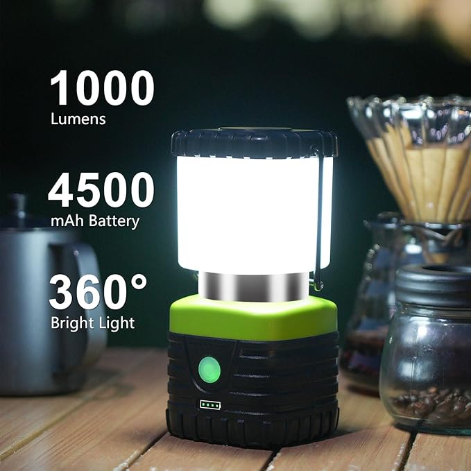 1PCS 6500K White Light LED Camping Lantern Rechargeable 1000LM, 4500mAh Power Bank, Flashlight for Hurricane Emergency, Hiking, IP44 Waterproof Lantern(Green)