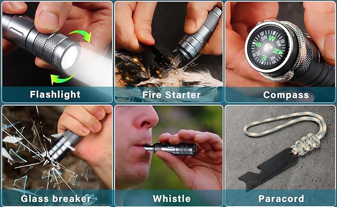 All in 1 Camping Survival Kits with LED Flashlight, Fire Starter, Whistle, Glass Breaker, Compass, Paracord, Tactical Survival Multitool, EDC, Stocking Stuffers and Gifts for Men Women