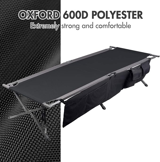 PORTAL Folding Portable Camping Cot, Guest Bed with Carry Bag and Side Storage Organizer, Camping Cots for Adults Sleeping, Away Tent Sleeping Cot Bed, Supports 300 LBS, Black