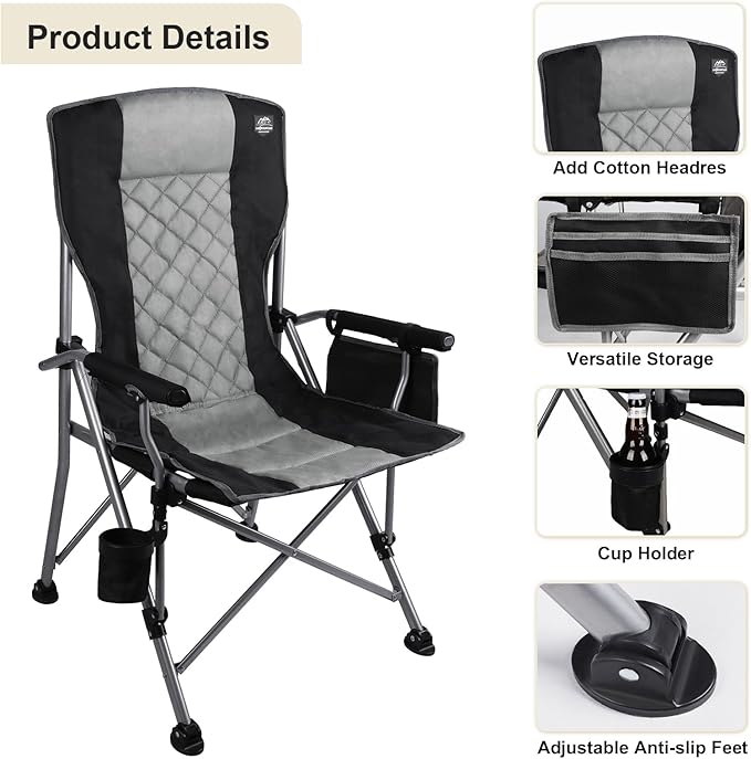 Folding Padded Camping Chair with Hard Armrest,Cup Holder,Heavy Duty for Adults,Paded Backrest,Portable Lawn Lightweight Outdoor Camp Chair,Support up to 400lbs