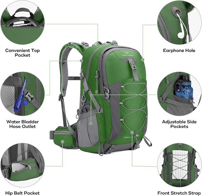 Maelstrom Hiking Backpack,Camping Backpack,40L Waterproof Hiking Daypack with Rain Cover,Lightweight Travel Backpack,Green