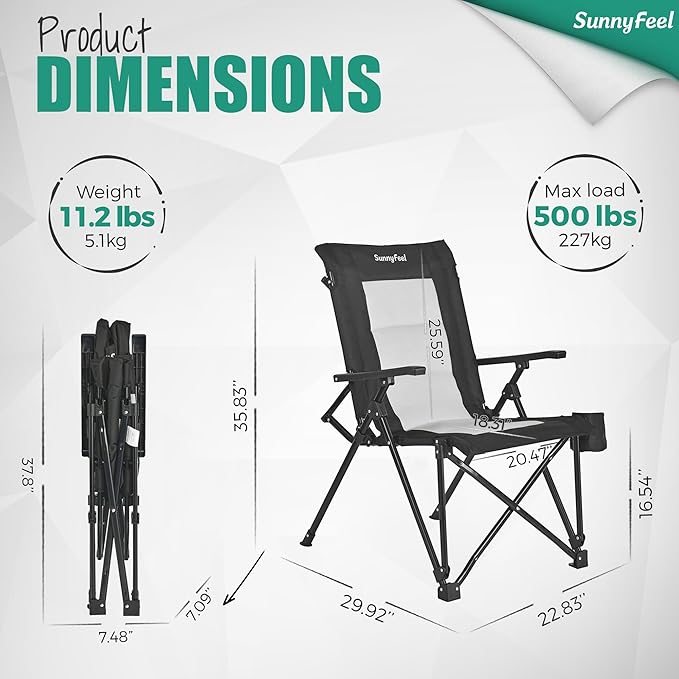SUNNYFEEL Ergonomic High Back Camp Chair - 500lbs Heavy Duty Folding Chair, UV-Resistant Portable Camp Chair with Hard Armrests, Cup Holder& Bag for Outdoor, Basebal, Travel, Sports, Hiking, Fishing