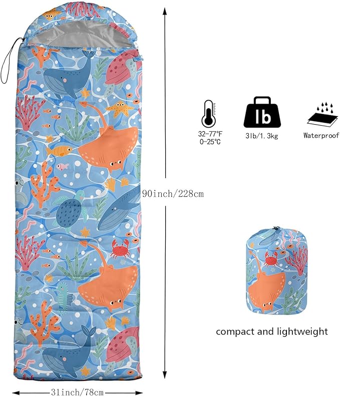Kids Sleeping Bag for Boys Girls,Western Cowboy Print-Lightweight Warm Portable Outdoor Indoor-Waterproof Cold Weather Resistant Sleeping Bag for Camping Hiking