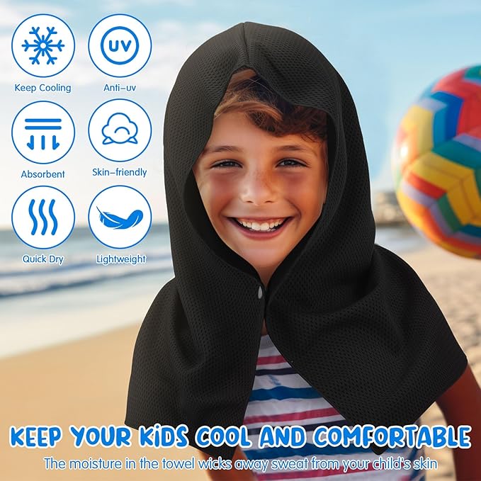 Hosuly 12 Pack Kids Mini Cooling Hoodie Towels Breathable Soft Absorbent Hooded Chilly Towel for Neck and Face Quick Drying UV Sun Protection Cooling Neck Wraps for Sport Workout Camping(Classic)