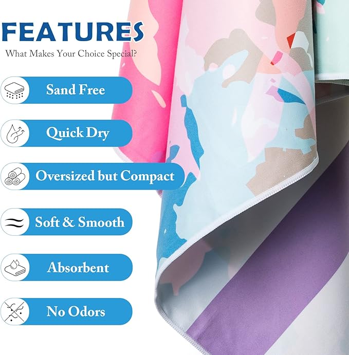 Your Choice Microfiber Beach Towels, Sand Free Beach Towel, Quick Dry Beach Towel, Extra Large Beach Towels for Adults, Kids (67x35 Inch, 60x30 Inch), Travel Towel, Camping Towel
