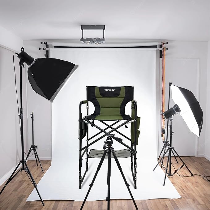 Tall Folding Directors Chair with Side Table 30.71" Seat Height Foldable Camping Chair Bar Stool for Makeup Artist Face Painting with Footrest and Storage Pocket Supports 350LBS