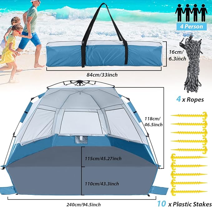 Beach Tent Instant Pop up Sun Shade Shelter for 4-6 Person with UV Protection,Extended Floor,3 Mesh Roll Up Windows with Carry Bag, Sandbags, Stakes(Turquoise)