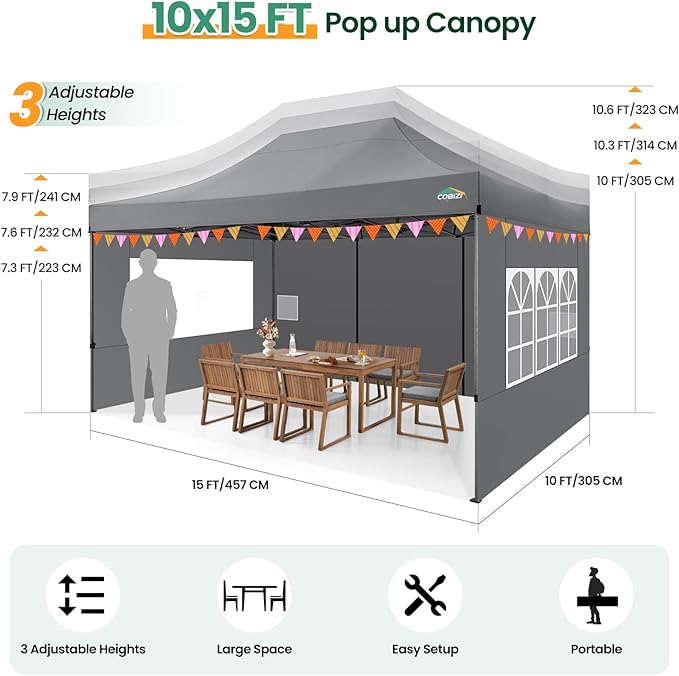 COBIZI 10x15 Heavy Duty Pop up Canopy Tent with 4 sidewalls Commercial Outdoor Canopy Wedding Party Tents for Wedding All Season Wind & Waterproof Gazebo with Carry Bag, Gray(Frame Thickened)