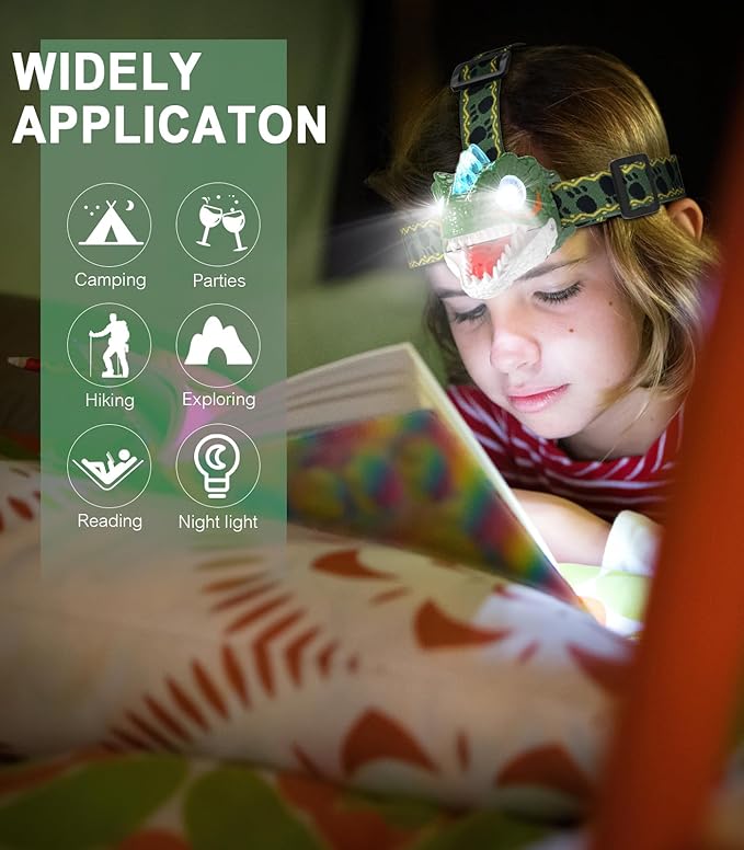 Kids Headlamp - LED Dinosaur Headlamp with Adjustable Headband for Boys and Girls, 3 Lighting Modes - Perfect for Camping, Hiking, and Reading - Ages 3-12+