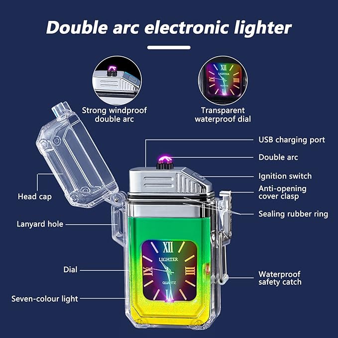 SKRFIRE Outdoor Windproof Flameless Lighter Rechargeable Plasma Double Arc Lighter Fashion Cute Mini Electric Lighter for Boyfriend, Friends and Family (Green and Yellow Gradient)