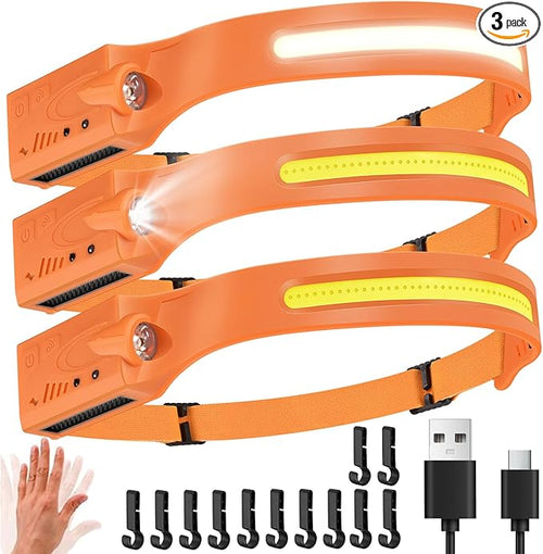 Headlamp 3PCS, 230° Wide Beam Head Lamp, Motion Sensor LED Headlamp Rechargeable, 6Mode Headlamps for Adults, Bright Head Lights for Forehead, Camping Essentials Gear (Orange)