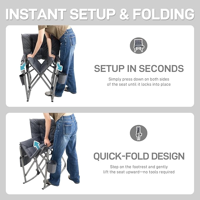 EVER ADVANCED Lightweight Rocking Chair Outdoor, Padded Rocker Camping Chair for Adults, Portable Hard Armchair for Patio and Lawn, Grey