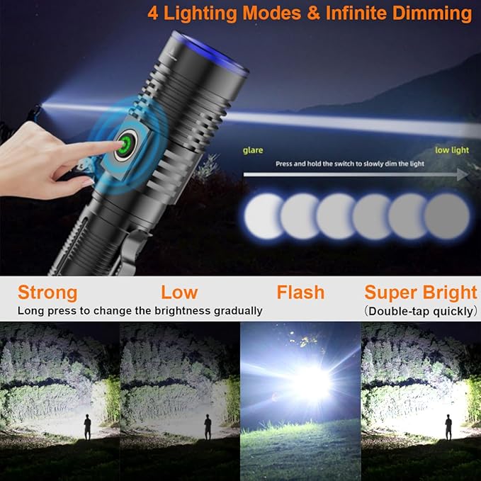Magnetic Flashlights Rechargeable 200000 High Lumens, Super Bright LED Handheld Flashlight, Powerful Multi-Color Tactical Flash Light with Red Green Blue Yellow Filters, Best for Camping Hunting
