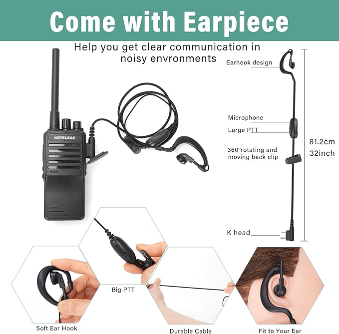 KP01 Walkie Talkies for Adults Long Range Rechargeable, Programmable Business 2 Way Radios with Earpiece, for Business or Family Camping Hiking Skiing Cruises (2 Pack), Black