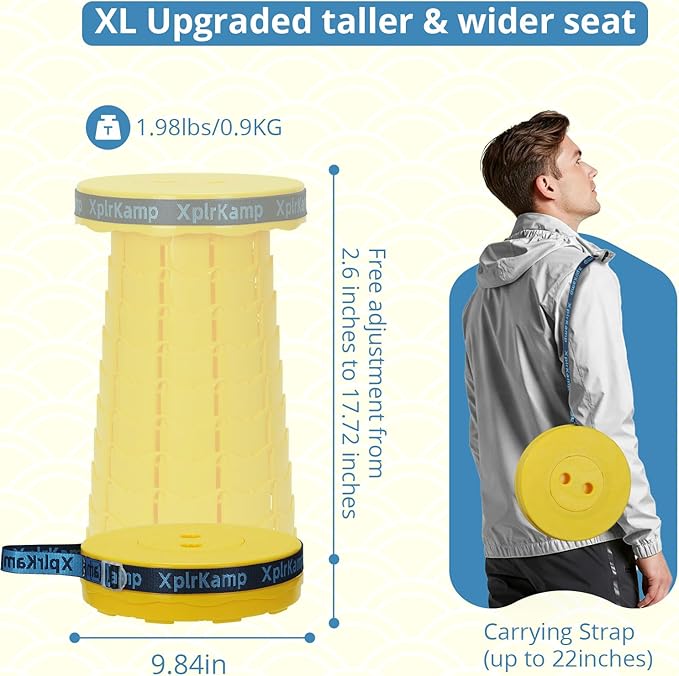 Retractable Folding Stool - Heavy Duty 400 lb Collapsible Portable Stool for Camping, Hiking, Fishing, Indoor/Outdoor with Non-Slip Base and Lightweight Design (Yellow,1-Pack)