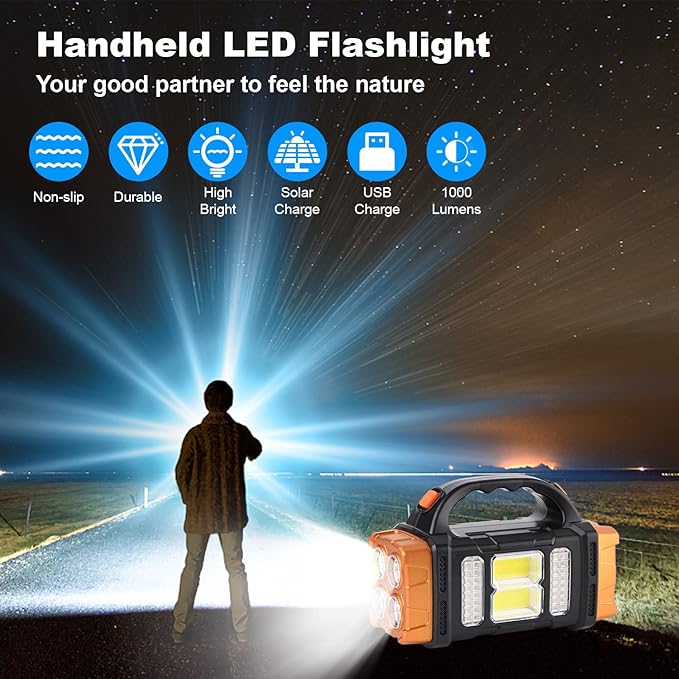 Two Side Solar Handheld Flashlight with COB Sidelight, High Bright 8 Modes Spotlight with USB Cable, Rechargeable Portable LED Searchlight for Outdoor Hunting Boating Camping Emergencies