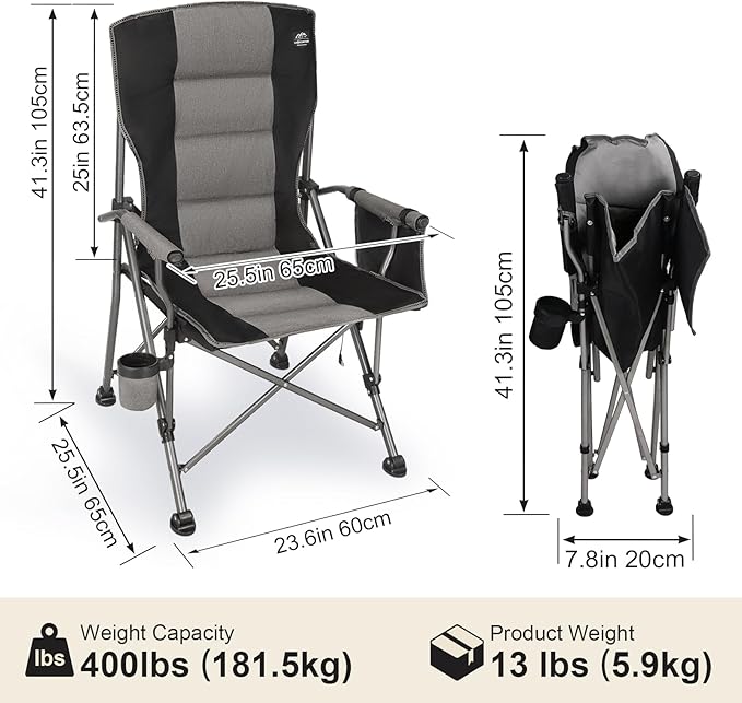 Heated Camping Chair w/Hard Armrest,3 Heat Levels Folding Outdoor Camp Chair w/Cup Holder,Heavy Duty Padded Portable Heating Lawn Chair Support 400 Lbs,Black,Battery NOT Included