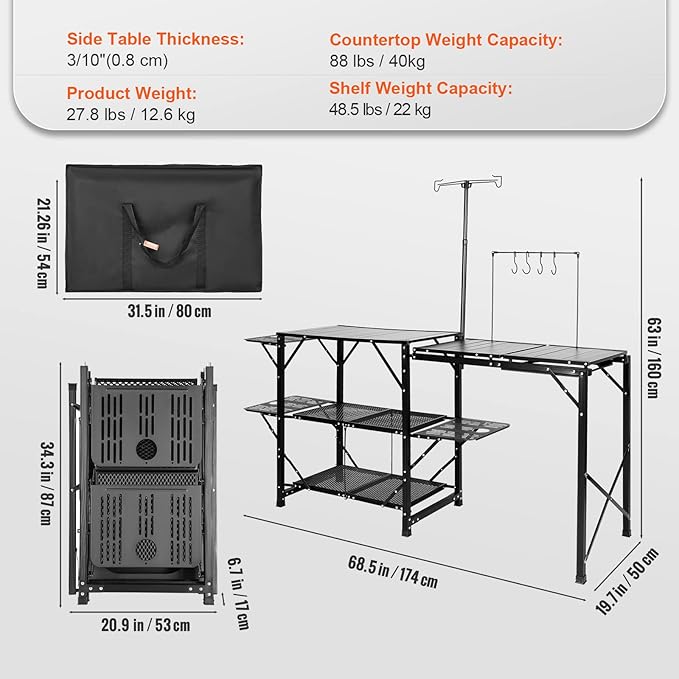 VEVOR Camping Kitchen Table with Sink, Aluminum Folding Portable Outdoor Cook Station, 2 Shelves & Carrying Bag for Picnic BBQ Beach Traveling