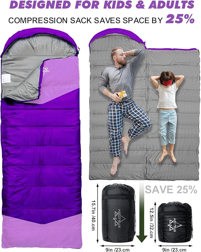 Sleeping Bag for Adults Cold Weather & Warm, Lightweight Backpacking Camping Hiking Essentials Gear for Kids 10-12 Girls Boys Compact w/Compression Sack Indoor Outdoor Sleep Must Haves