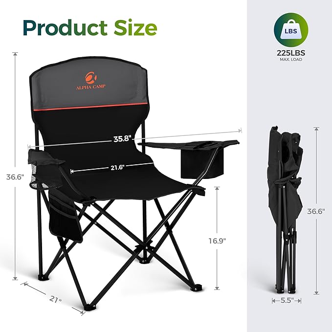 ALPHA CAMP Folding Camping Chairs for Adults Lawn Chairs Outdoor Chairs Support 250 LBS Portable Camp Chairs with Cup Holders Cooler Pouch for Outdoor, 2 Pack (Black)