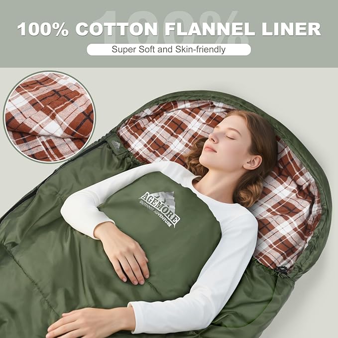 AGEMORE Cotton Flannel Sleeping Bag for Adults, Lightweight XXL Cotton Sleeping Bag for Camping Backpacking or Hiking, Water Resistant 3-4 Season Sleeping bag for Warm & Cool Weather