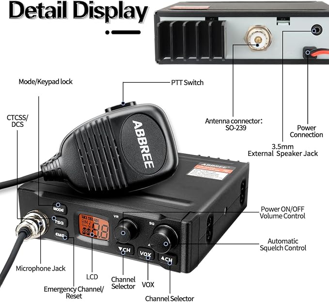 ABBREE CB Radio with Magnetic Mount Antenna for Truckers Long Range AM FM Professional CB Radios,Compact Design,Instant Emergency Channel 9/19,Full 40 Channels,Handheld Mic,LCD Display,VOX