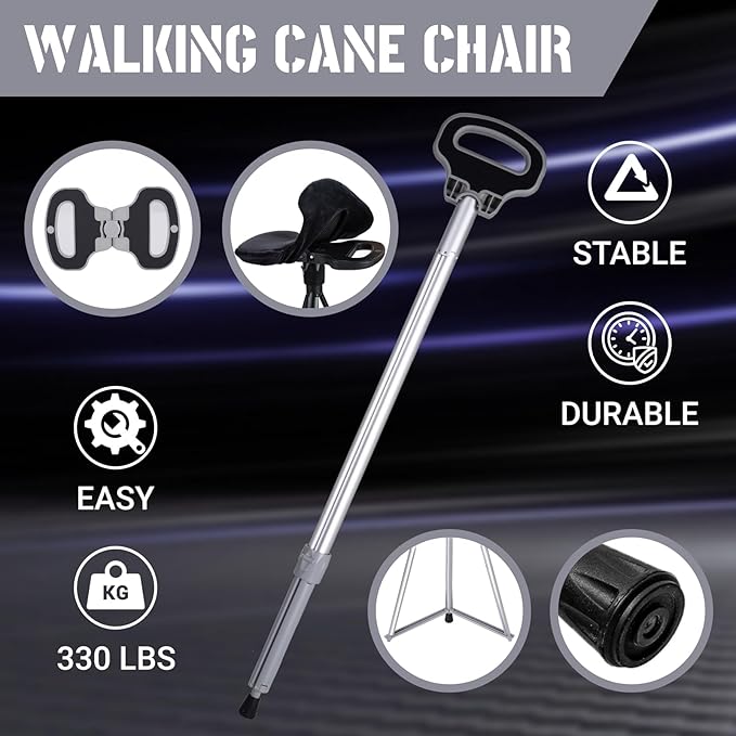 Walking Stick With Seat - Adjustable Portable Cane, Foldable Stool With 2 Bases, Pocket Storage Bag and Removable Cushion - Aluminum Lightweight Mobility Aid Crutch