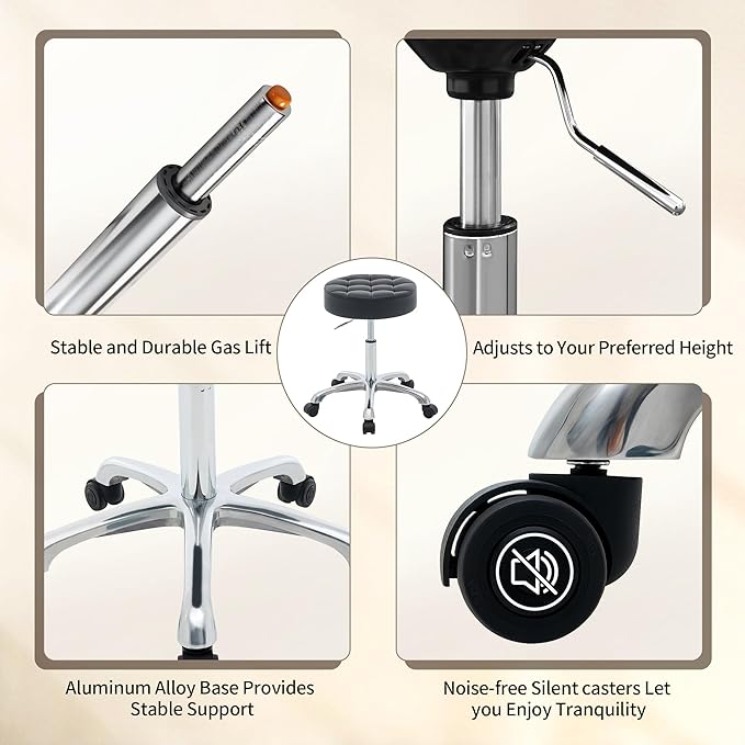 Rolling Stools with Wheels (300lbs Capacity) (Adjustable Height 20"-27") Black Leather Tattoo Vanity Massage Stool (Black)