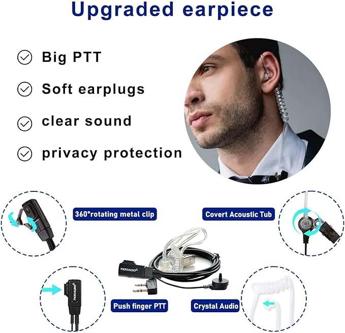 TIDRADIO TD-V2 Walkie Talkies for Adults Long Range, Rechargeable Two Way Radio Earpiece with MIC,16 Channels Handheld Walkie-Walkie(2 Pack, Black)