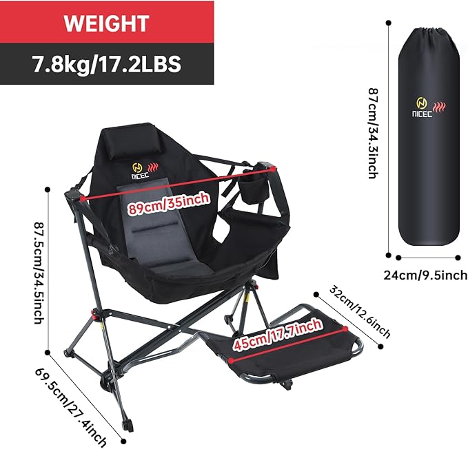 Nice C Heated Hammock Camping Chair with Footrest, Heated Camping Chair with Battery, Rocking Swing Chairs, Hammock Chairs with Stand, Heavy Duty (2, Heat Black W/Footrest)