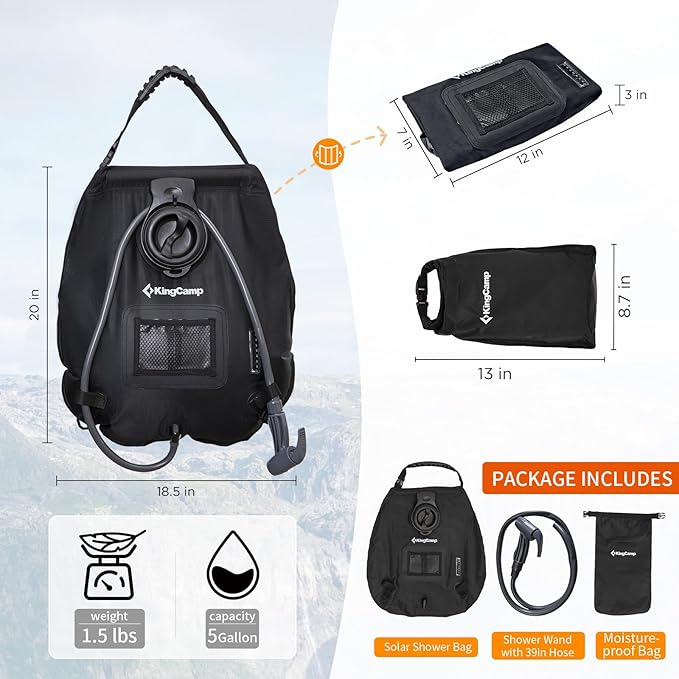KingCamp Solar Shower Bag for Camping, Lightweight Shower Bag, Durable, Leak-Proof Design with Thermometer, Removable Hose, Switchable Shower Head, Portable Solar Shower for Camping