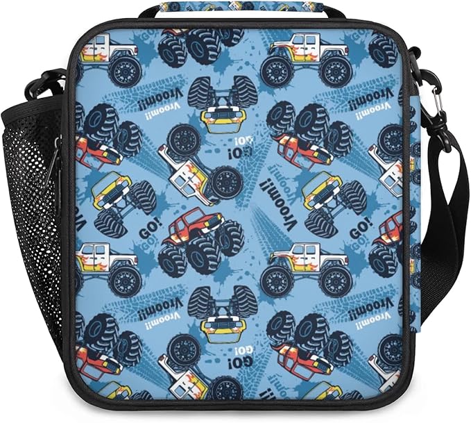 Blue Monster Truck Kid Lunch Bags with Shoulder Strap Insulated Lunch Boxes for Boy Girls Waterproof Thermal Cooler Tote Bag Portable Picnic Bag for School Work Outdoor Gifts