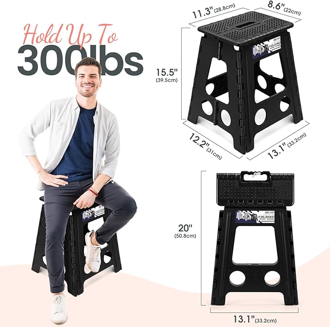 Delxo Folding Step Stool 16 Inch,Non-Slip Foldable Stools for Adults Up to 300 LBS,Kitchen Collapsible Fold Up Stepping Stool with Dotted 1 Pack,Black