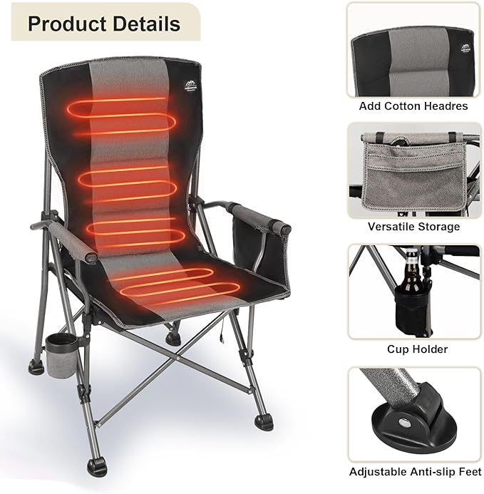 Heated Camping Chair w/Hard Armrest,3 Heat Levels Folding Outdoor Camp Chair w/Cup Holder,Heavy Duty Padded Portable Heating Lawn Chair Support 400 Lbs,Black,Battery NOT Included