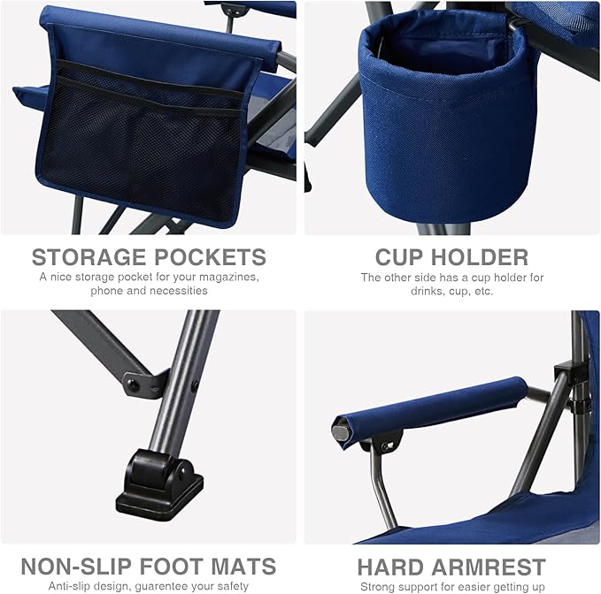 EVER ADVANCED Oversized Folding Camping Chair, for Adults Heavy Duty Lawn Chair with Side Pockets, Portable Collapsible Quad Chair for Outside, Support Up to 500lbs, Blue